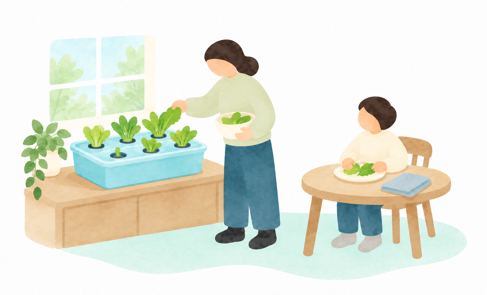 平面家庭採菜插畫：家人從水耕箱採菜，孩子在餐桌整理自己種的菜